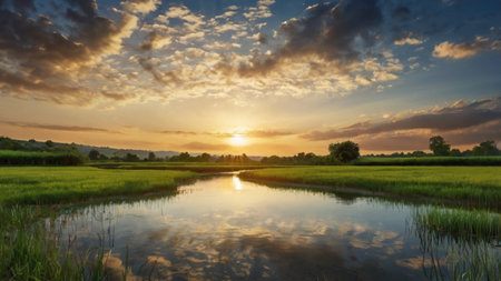 Sunset over rice field with reflection in water. Nature background.の写真素材