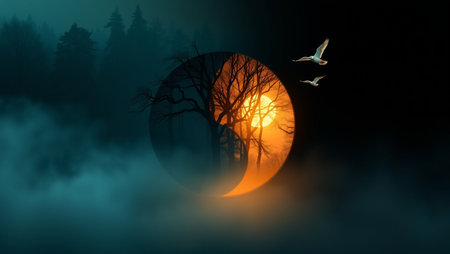 Silhouette of birds flying over a forest at night with a full moonの写真素材