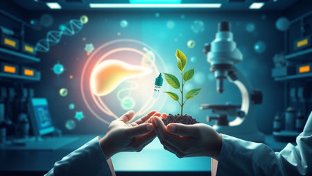 Hands of scientist holding green sprout in soil with microscope on backgroundの写真素材