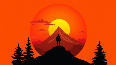 Silhouette of a man standing on top of a mountain and looking at the sun.の写真素材