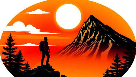 Silhouette of a man on top of a mountain at sunsetの写真素材