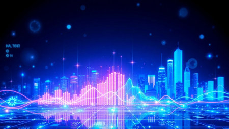 abstract digital sound wave with cityscape background vector illustration EPS10