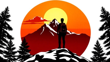 Hiker standing on top of a mountain at sunset. Vector illustration.の写真素材