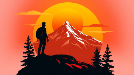 Silhouette of a man with a backpack standing on the top of a mountain against the background of the rising sunの写真素材