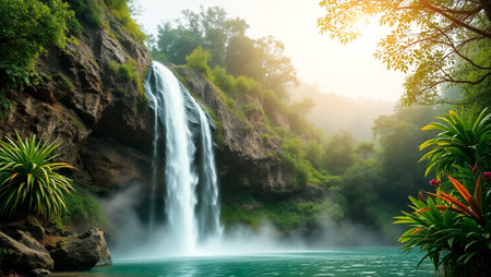 waterfall in the forest at sunset, natural landscape background and wallpaperの写真素材