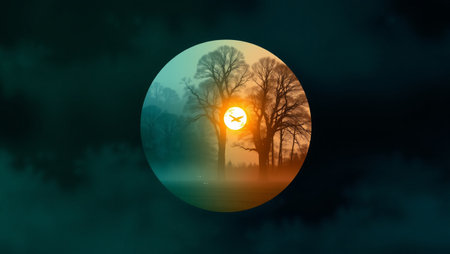 Sunset in the misty forest. 3d render illustration.の写真素材