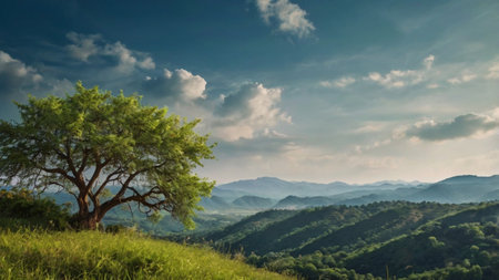 Beautiful landscape with a lonely tree on a hillside in the mountainsの写真素材