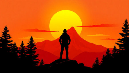 Silhouette of a man standing on the top of a mountain and looking at the sunsetの写真素材