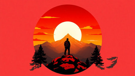 Mountain landscape with a silhouette of a man on top of a mountain.