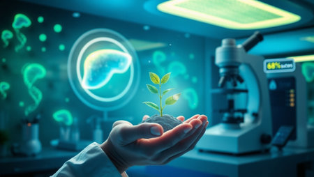 Close up of scientist holding sprout in hand against laboratory background 3D rendering