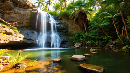 Beautiful waterfall in tropical forest with rocks and plants. Nature background