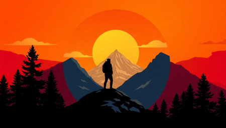 Silhouette of a man standing on the top of a mountain with a beautiful sunset in the backgroundの写真素材