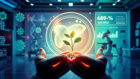 Close view of scientist holding green sprout in hands against medical background 3D renderingの写真素材