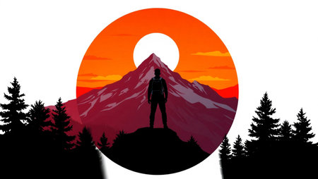 Silhouette of a man with a backpack standing on the top of a mountain.の写真素材