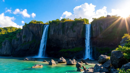 Waterfall on the background of the blue sky and the sun.の写真素材