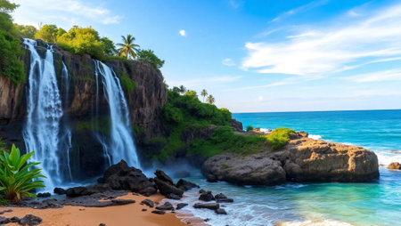 Beautiful waterfall on tropical beach. Panoramic view of amazing waterfall on tropical beachの写真素材
