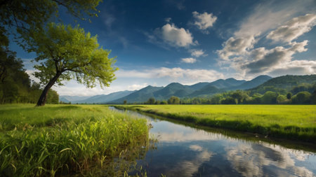 Beautiful summer landscape with a river and trees in the mountains.の写真素材