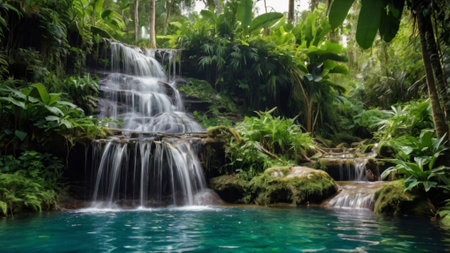 Tropical waterfall in the rainforest. Beautiful waterfall in the jungle.