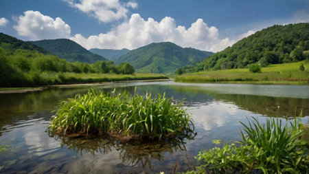 Landscape of mountain river and green forest under blue sky with cloudsの写真素材