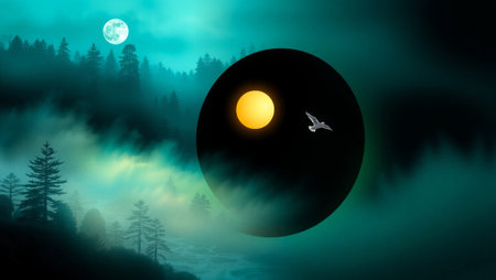 Fantasy landscape with moon and flying bird in the night sky.の写真素材