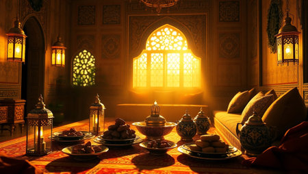 Luxury Ramadan Kareem greeting card in mosque. Ramadan Kareem background