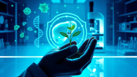 Biotechnology and biochemistry concept. Scientist holding plant in hand. 3D renderingの写真素材