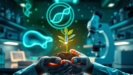 Biotechnology and biotechnology concept. Close up of scientist holding sprout with DNA molecule...