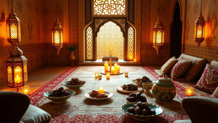 Traditional moroccan table with dates and candles in the morocco interiorの写真素材