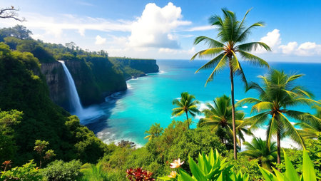 Tropical landscape with waterfall and palm trees on Mauritius islandの写真素材