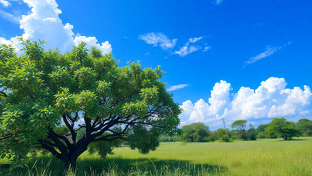 Beautiful green meadow and big tree on blue sky background.