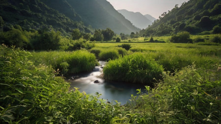 River in the mountains with green meadow and forest in the backgroundの写真素材
