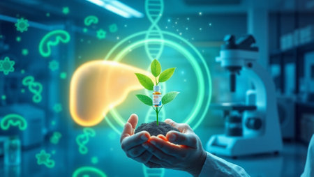 Scientist holding sprout in hand against illustration background 3D rendering