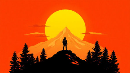 Silhouette of a man standing on top of a mountain with a sunset in the background