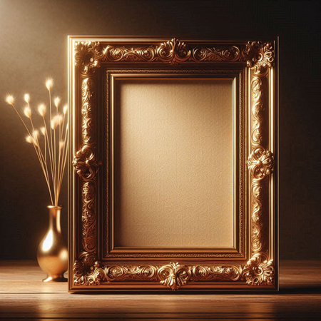 Vintage picture frame on wooden table. Mock up, 3D Render