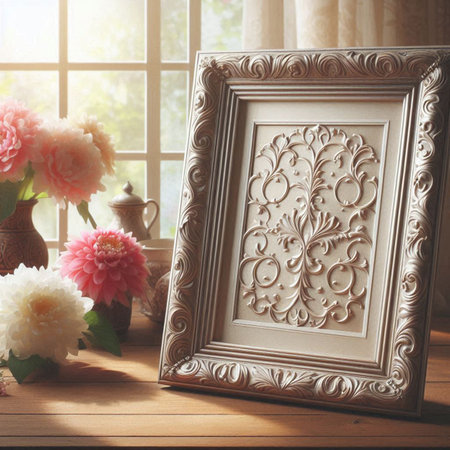 Vintage picture frame and flowers on wooden table with window background.