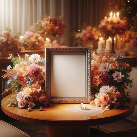 Beautiful bouquet of flowers with a picture frame on the tableの写真素材