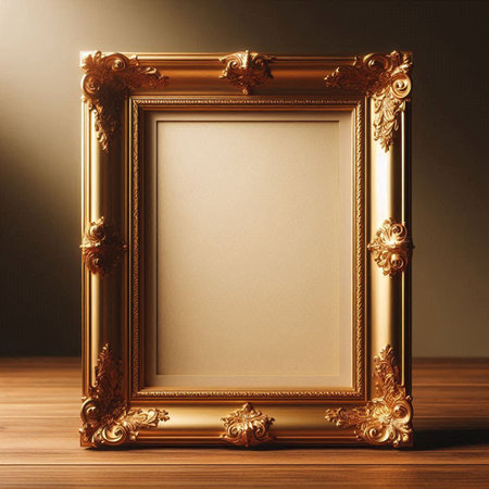 Vintage golden picture frame on wooden table. Mock up for design
