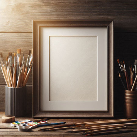 Frame mockup with art supplies on wooden background. 3d renderingの写真素材