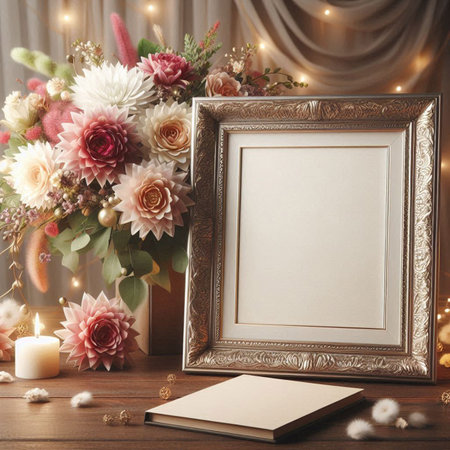 Blank photo frame and beautiful flowers on wooden table. Mockup for design