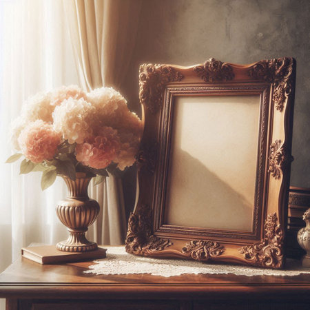 Vintage photo frame on the table with flowers in the interior.