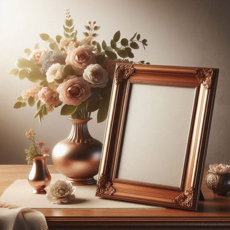 Vase with beautiful flowers and picture frame on wooden table. Mock upの写真素材