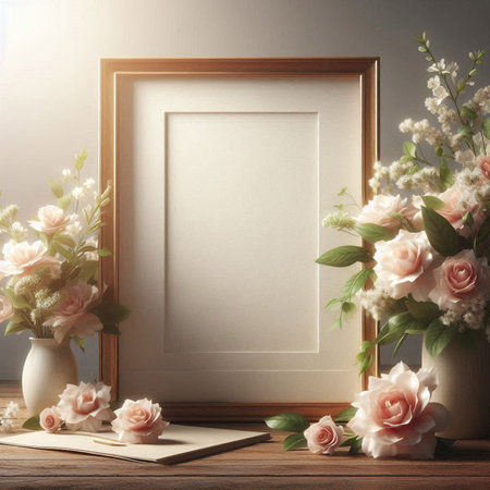 Mock up blank frame with flowers in vase on wooden table. 3d renderの写真素材