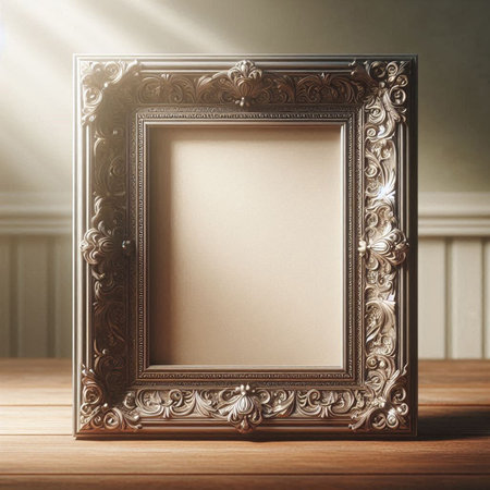 Empty picture frame on wooden table. Mock up, 3D Renderingの写真素材