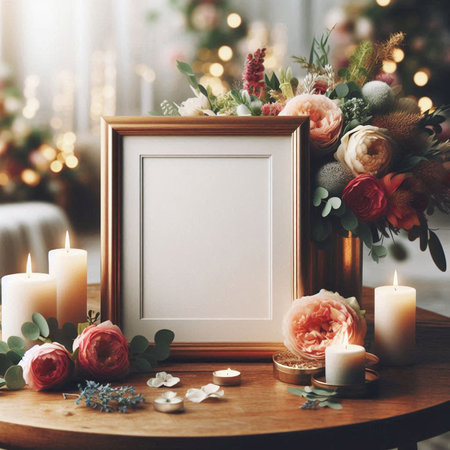 Blank photo frame, flowers and candles on wooden table in room decorated for Christmasの写真素材