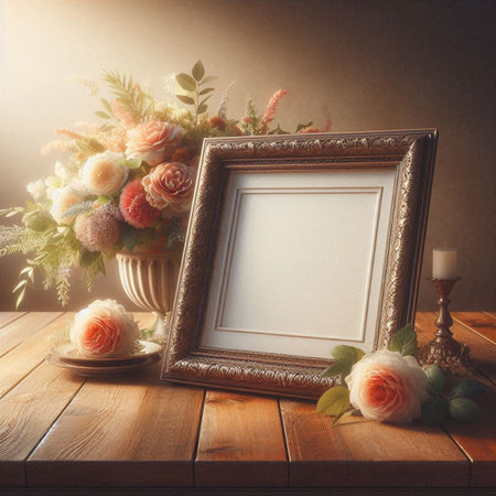 Vintage photo frame and flowers on wooden table. Photo in old color image style