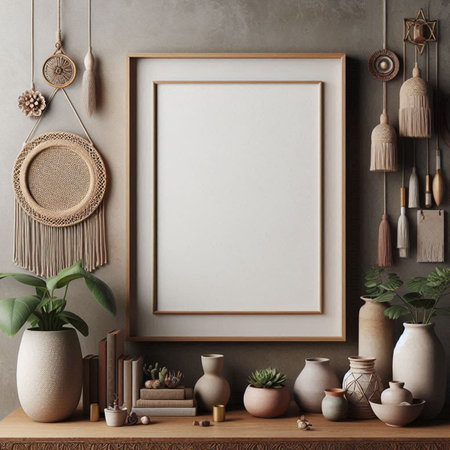 Mock up poster frame in interior background, Scandinavian style, 3d renderの写真素材