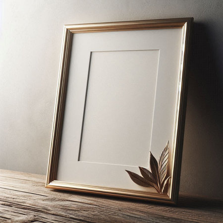 Photo frame mockup on wooden background. 3d render illustration.の写真素材
