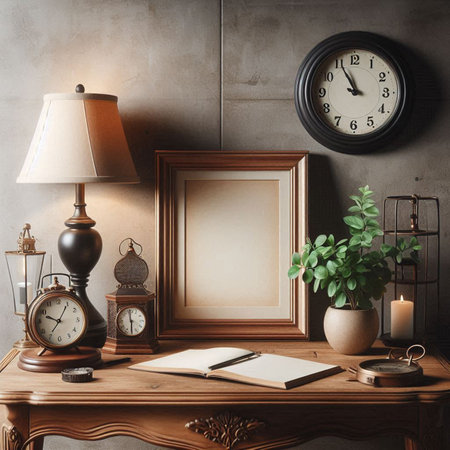 Interior of living room with wooden commode, clock, books, lamp and decorations. 3d renderの写真素材