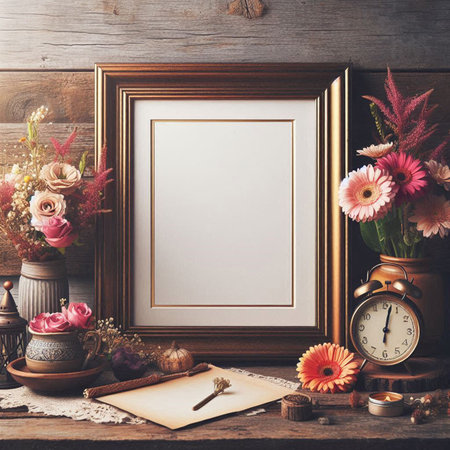 Blank picture frame mockup with flowers in vintage style. 3d renderingの写真素材