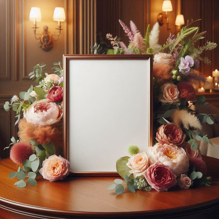 Blank photo frame on the table with a bouquet of flowersの写真素材
